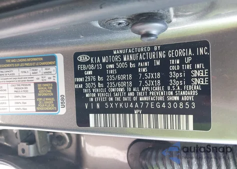 2014 Kia Sorento Ex V6 из США, поврежденный, VIN 5XYKU4A77EG430853